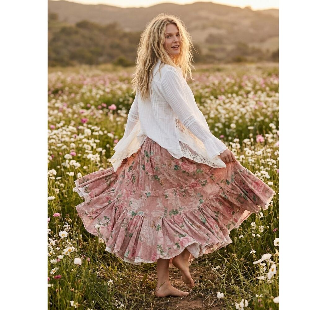 Free People Ethereal Dainty Cottage Prairie Bordeaux Floral Maxi Skirt XL